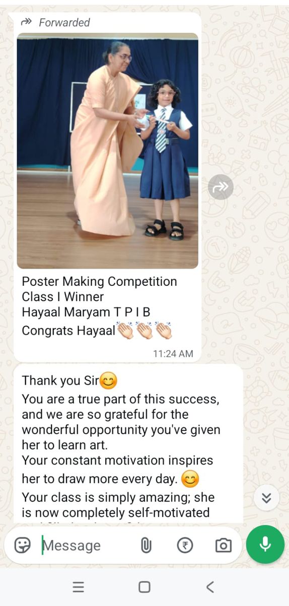 Hayaal Maryam receiving the Poster Making Competition Class I Winner award and parent appreciation message